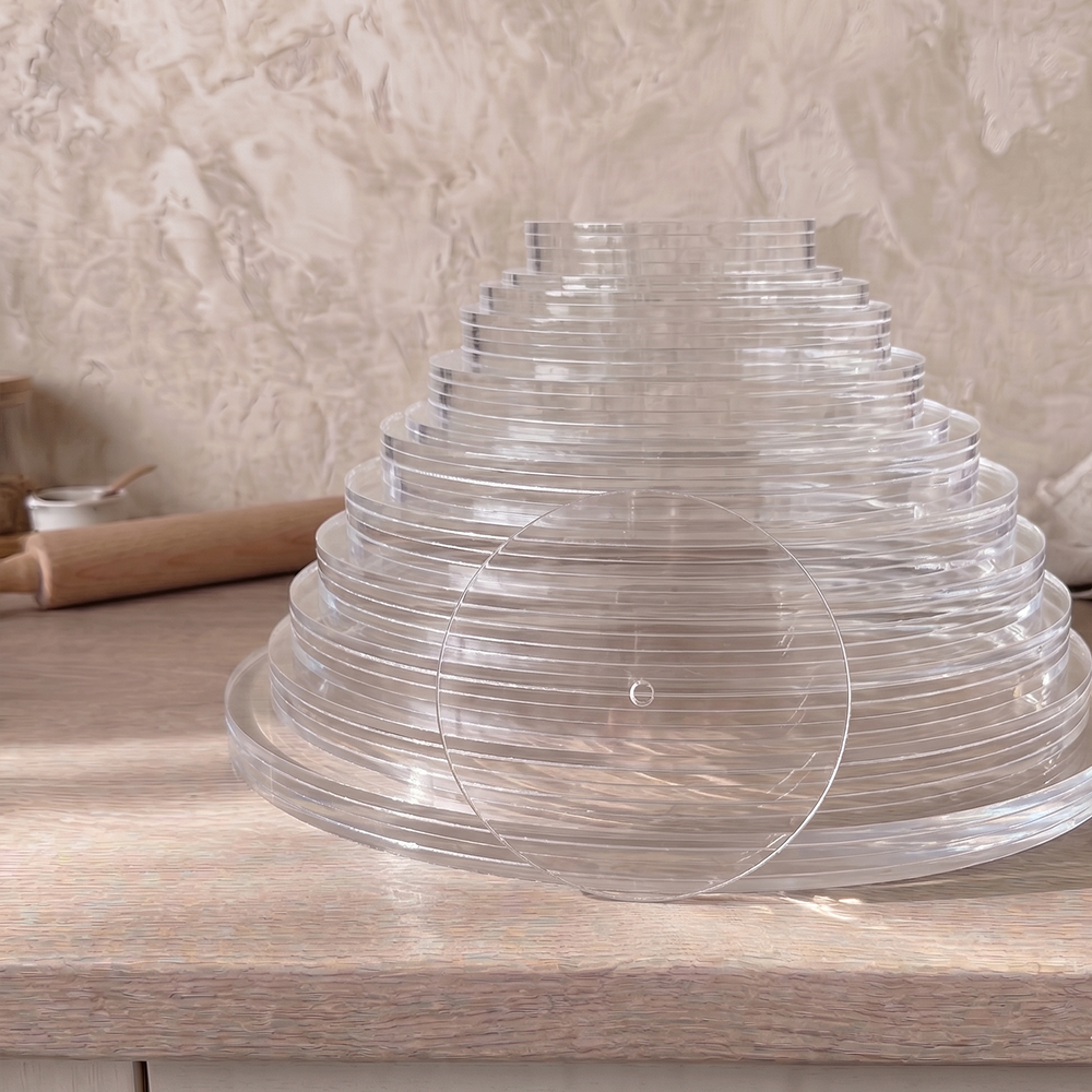 Round acrylic cake spacer plates, transparent, 3 mm – 5 Pieces